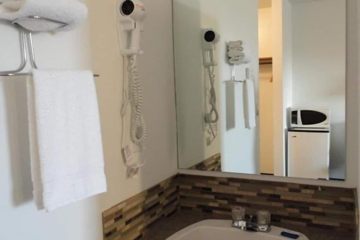 combined shower/bathtub, free toiletries, hair dryer, towels