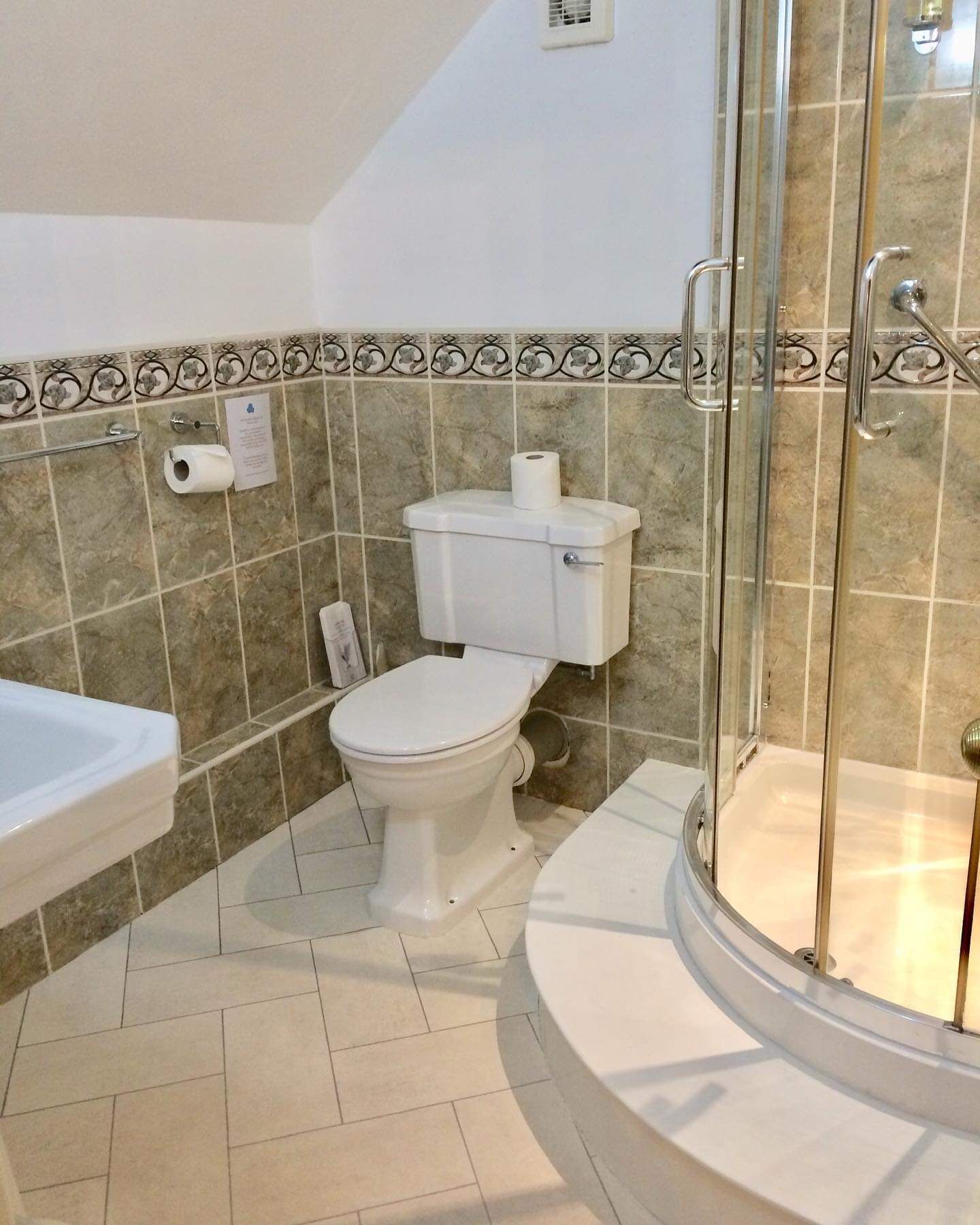 Une salle de bain comprenant des toilettes, un espace douche et un lavabo.