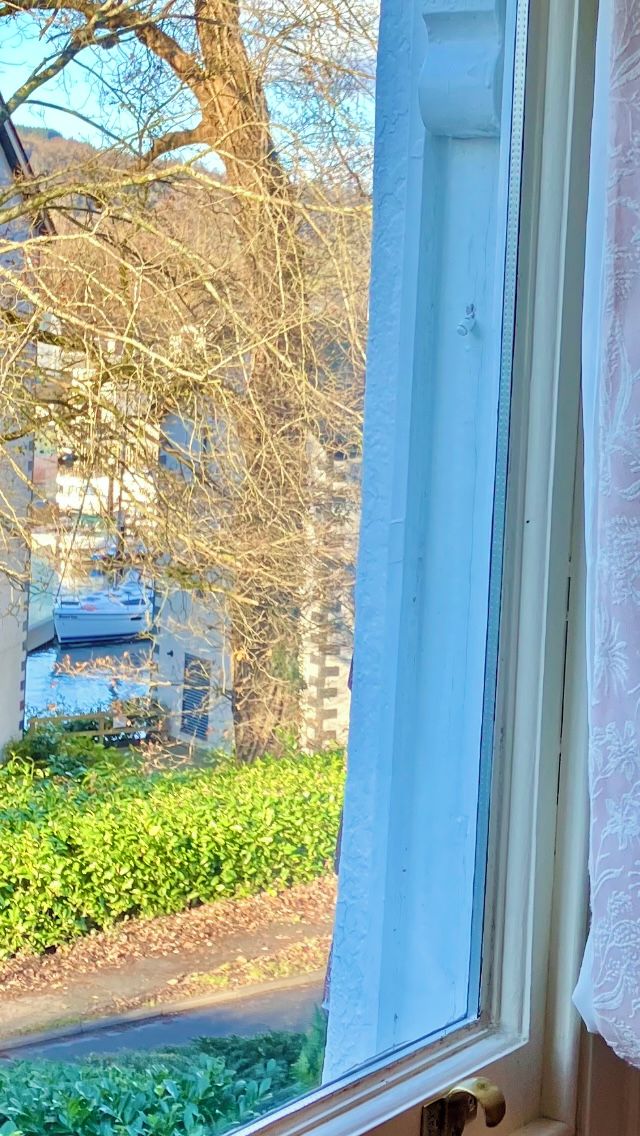 A window with a view of a garden and a building in the background.