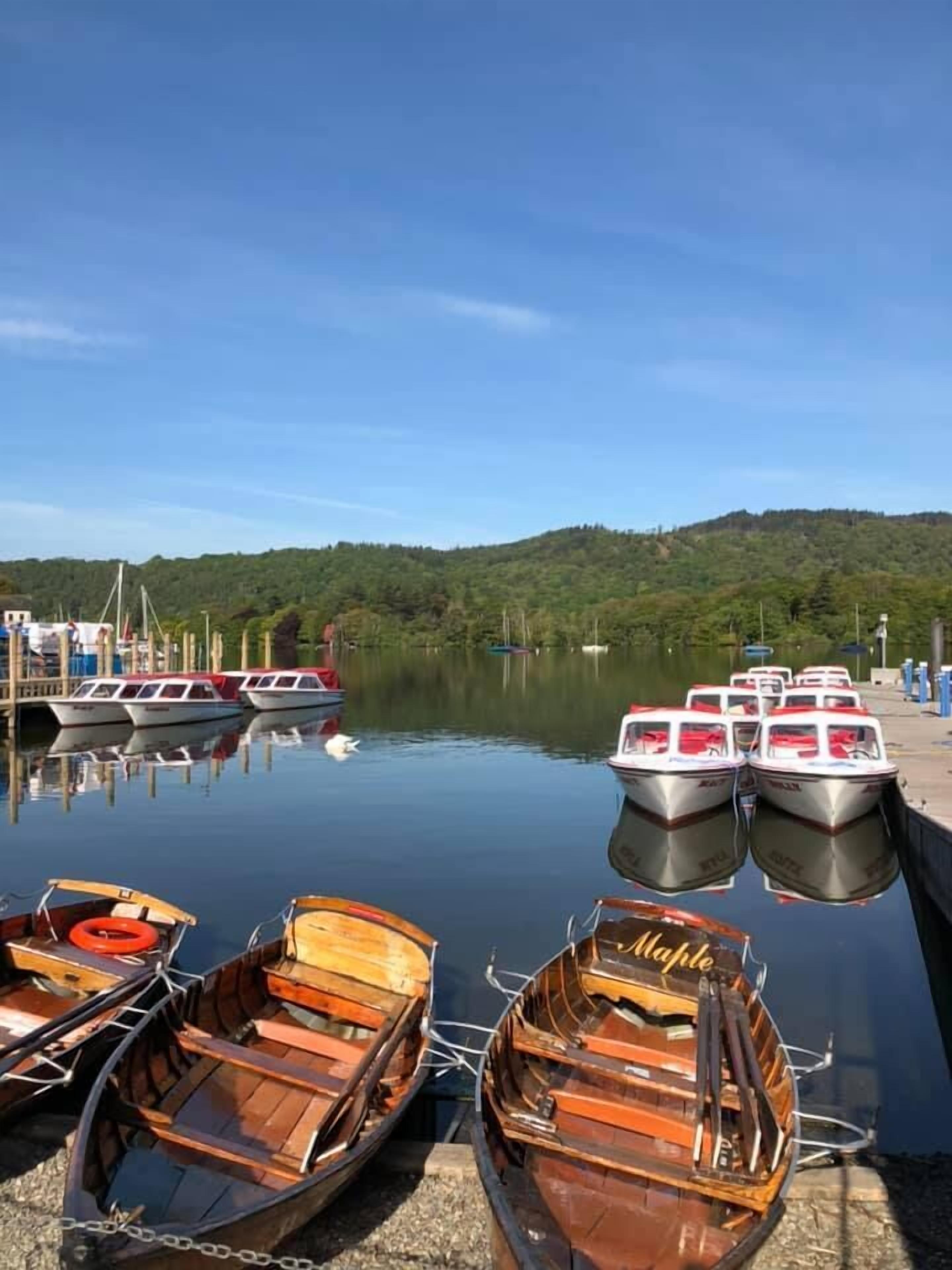 A marina with several wooden boats docked, a few motorboats, and a backdrop of a forested hill.