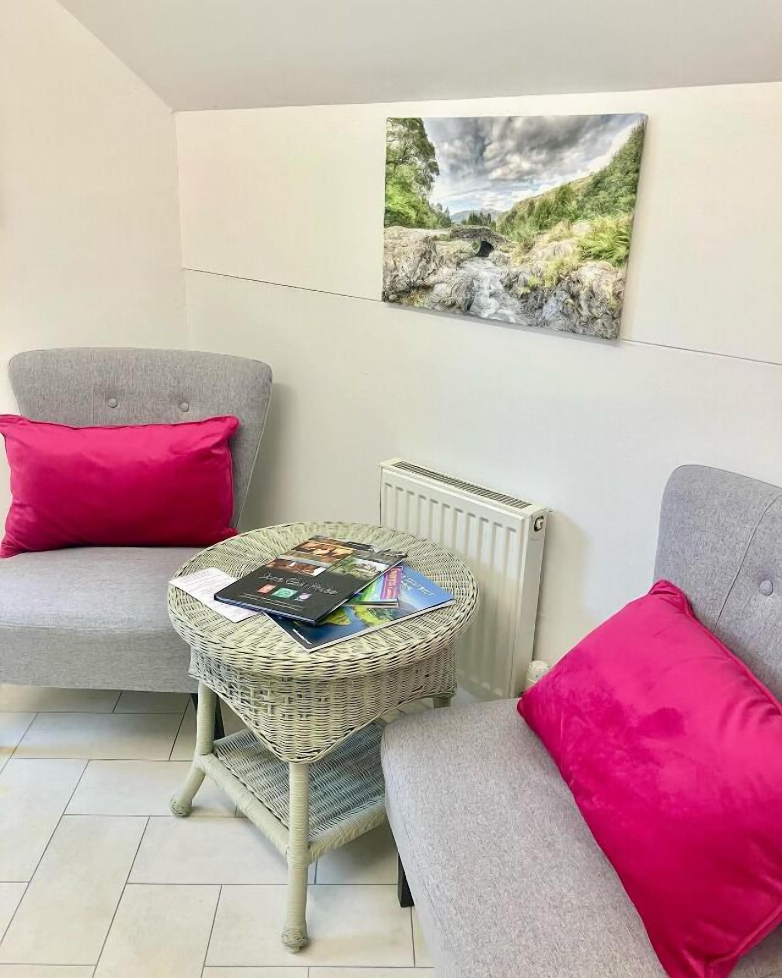 Una habitació acollidora amb dos sofàs grisos, un amb un coixí rosa vibrant, i una taula de vimetlla amb revistes. Un quadre d'un paisatge penja a la paret.