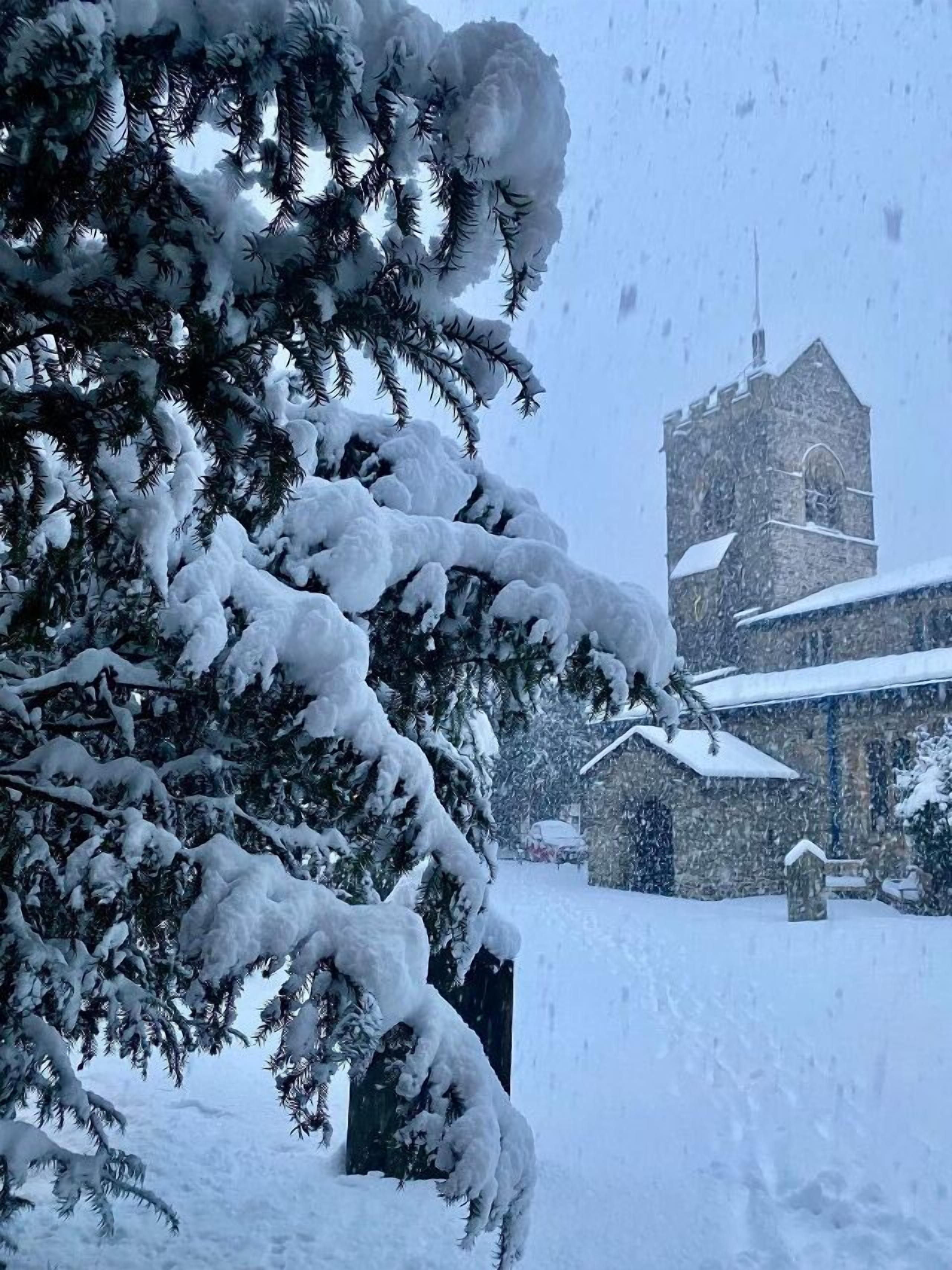 Un paysage enneigé avec un clocher d’église et un arbre couvert de neige.
