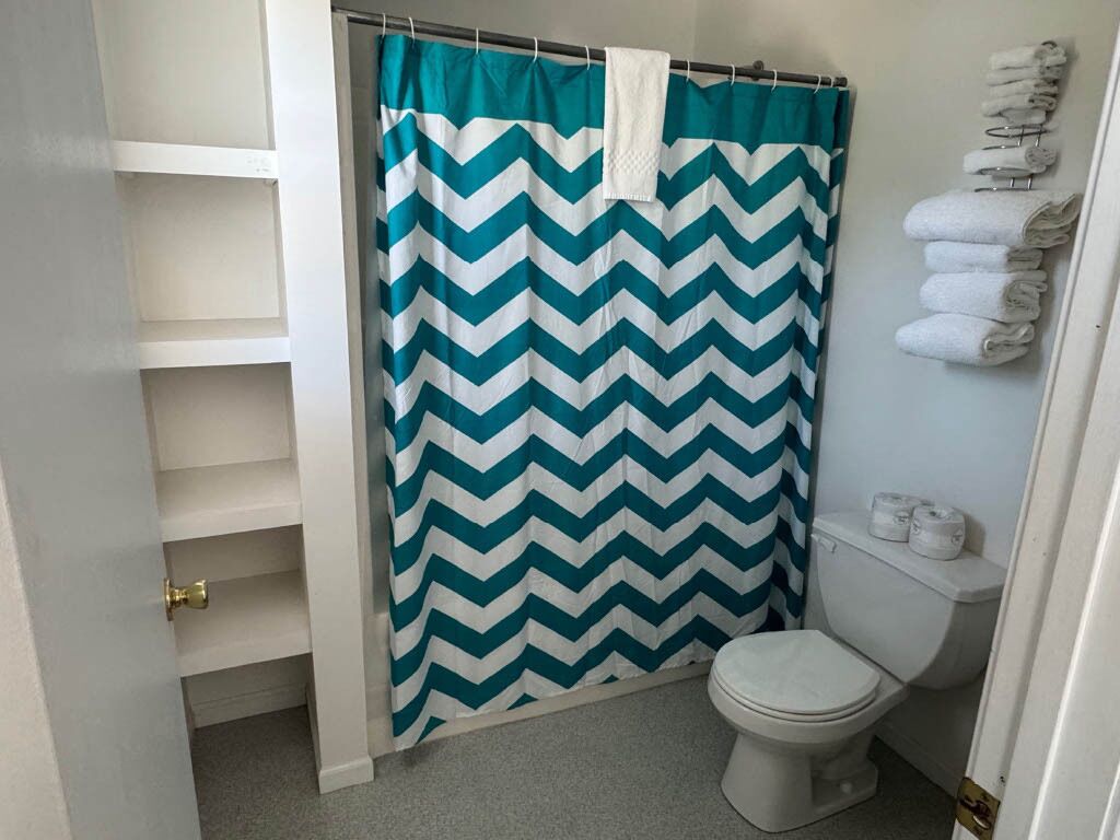 A bathroom with a chevron-patterned shower curtain, a toilet, and a towel rack with folded towels.