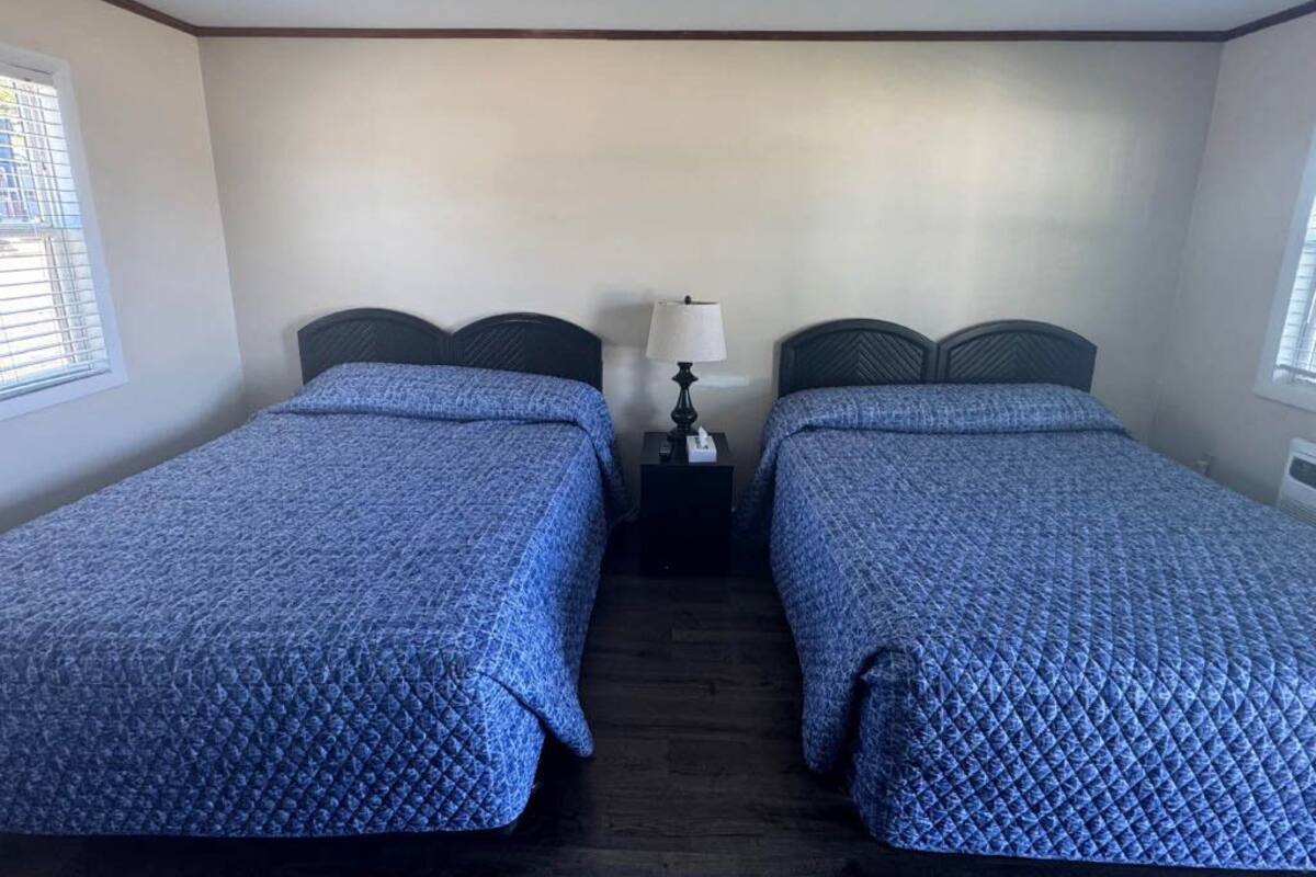 Une chambre avec deux lits simples, une table de chevet avec une lampe et une fenêtre avec des stores.