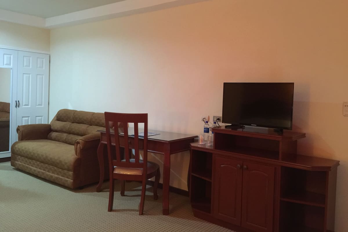 A living room with a sofa, a wooden chair, a TV on a wooden stand, and a cabinet.