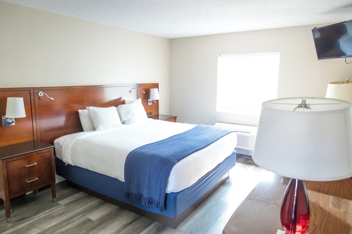 A hotel room with a wooden headboard, white bedding, a blue throw blanket, a bedside table with a lamp, and a large window providing natural light.