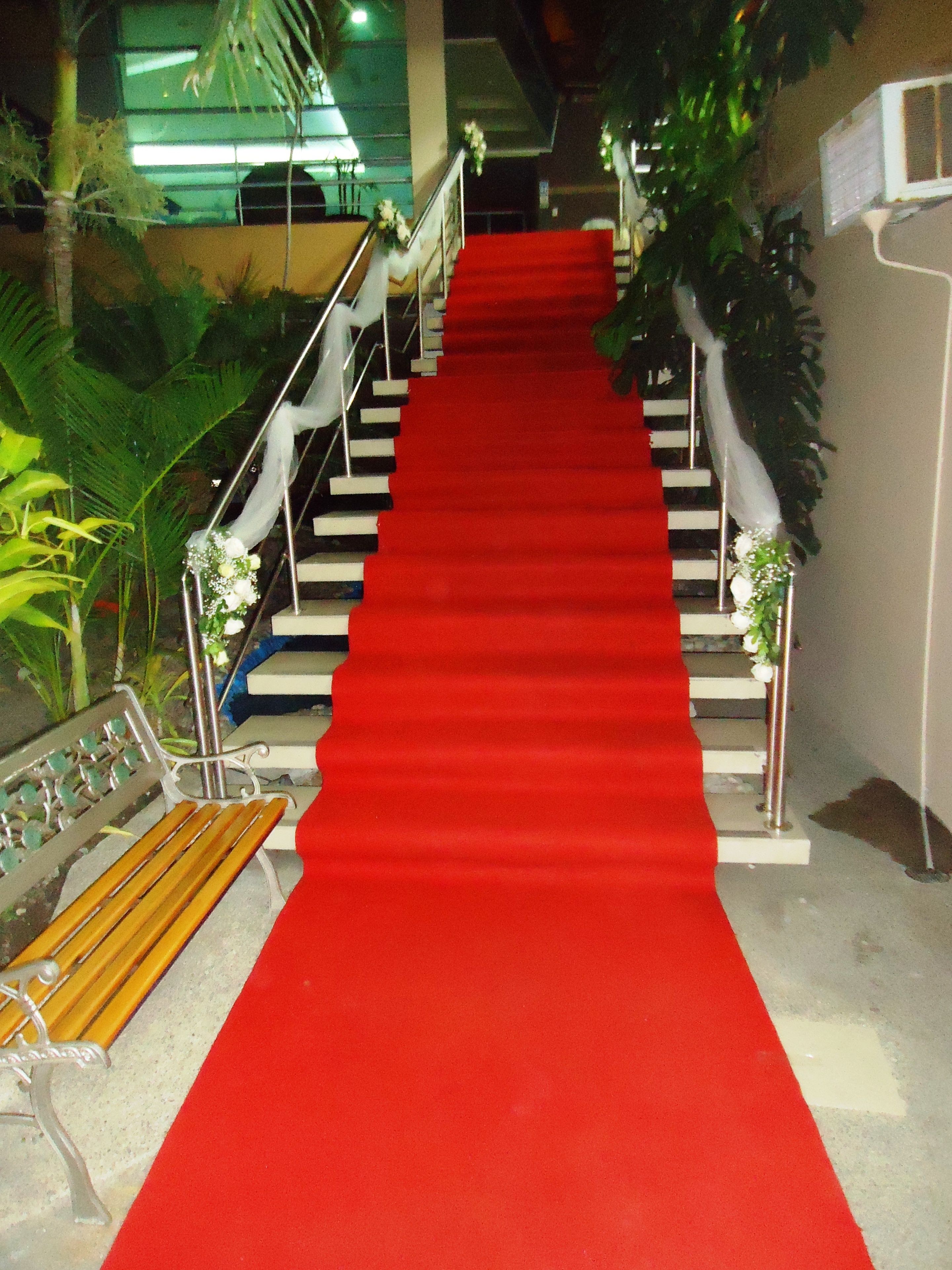 A staircase with a red carpet leading up, flanked by metal railings and potted plants.