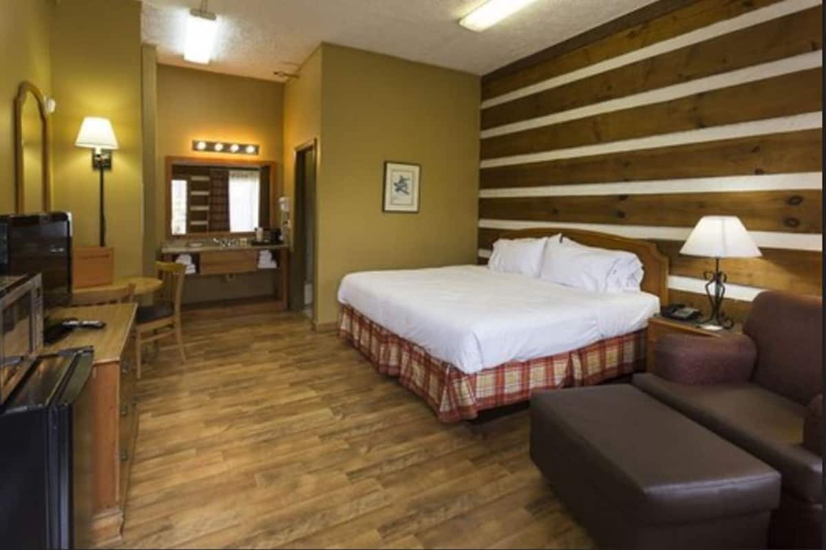 A hotel room with a bed, a desk, a chair, a sofa, and a wooden wall.