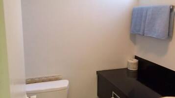 Un baño pequeño con inodoro, lavabo y una toalla colgada en la pared.