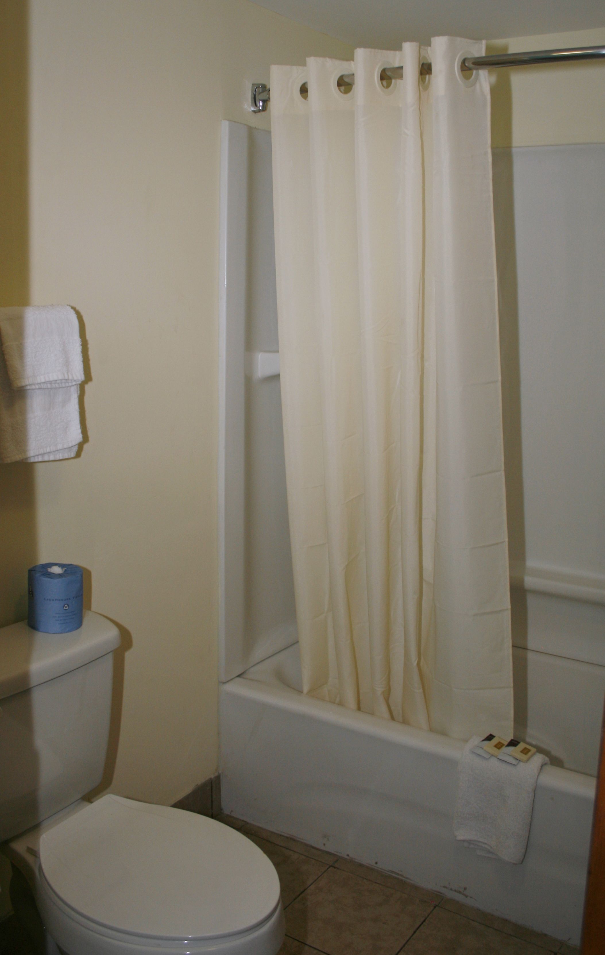 Une salle de bain équipée de toilettes, d’une baignoire et d’un rideau de douche.