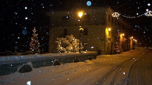 Eine verschneite Straße bei Nacht mit Gebäuden, Straßenlaternen und einem Weihnachtsbaum.