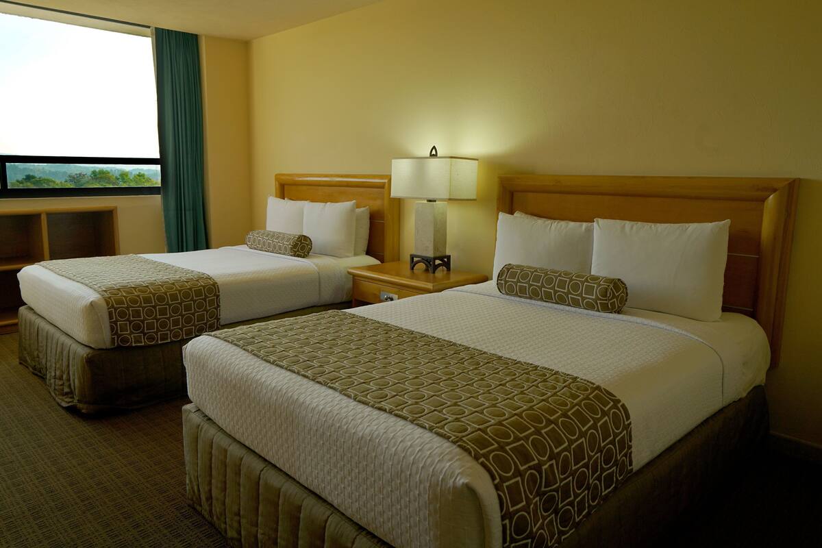 A hotel room with two beds, a nightstand with a lamp, a TV, and a view of the outdoors.