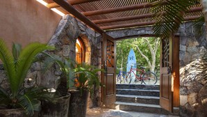 A stone archway leading to a wooden door, with a bicycle parked outside.