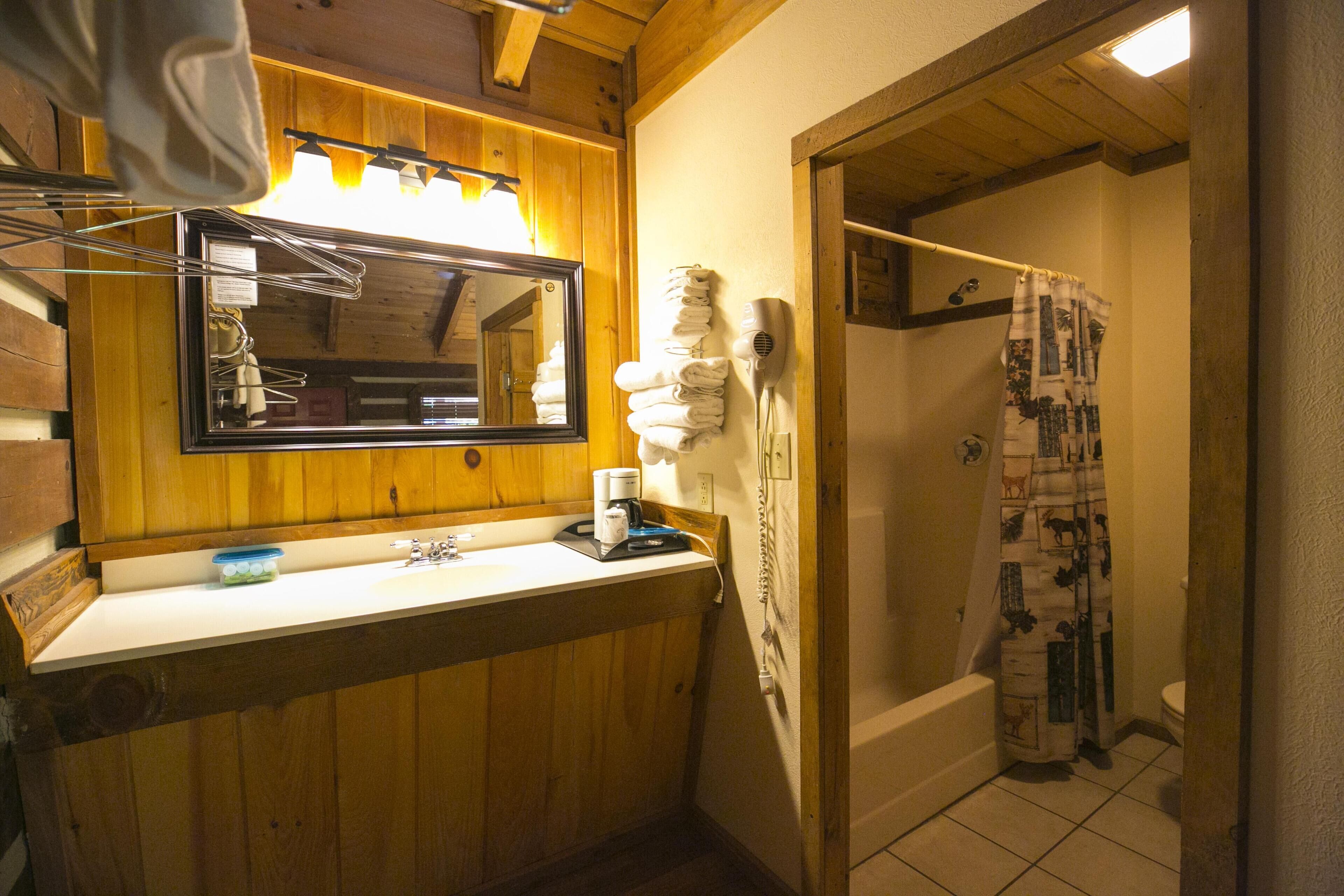 Combined shower/bathtub, hair dryer, towels