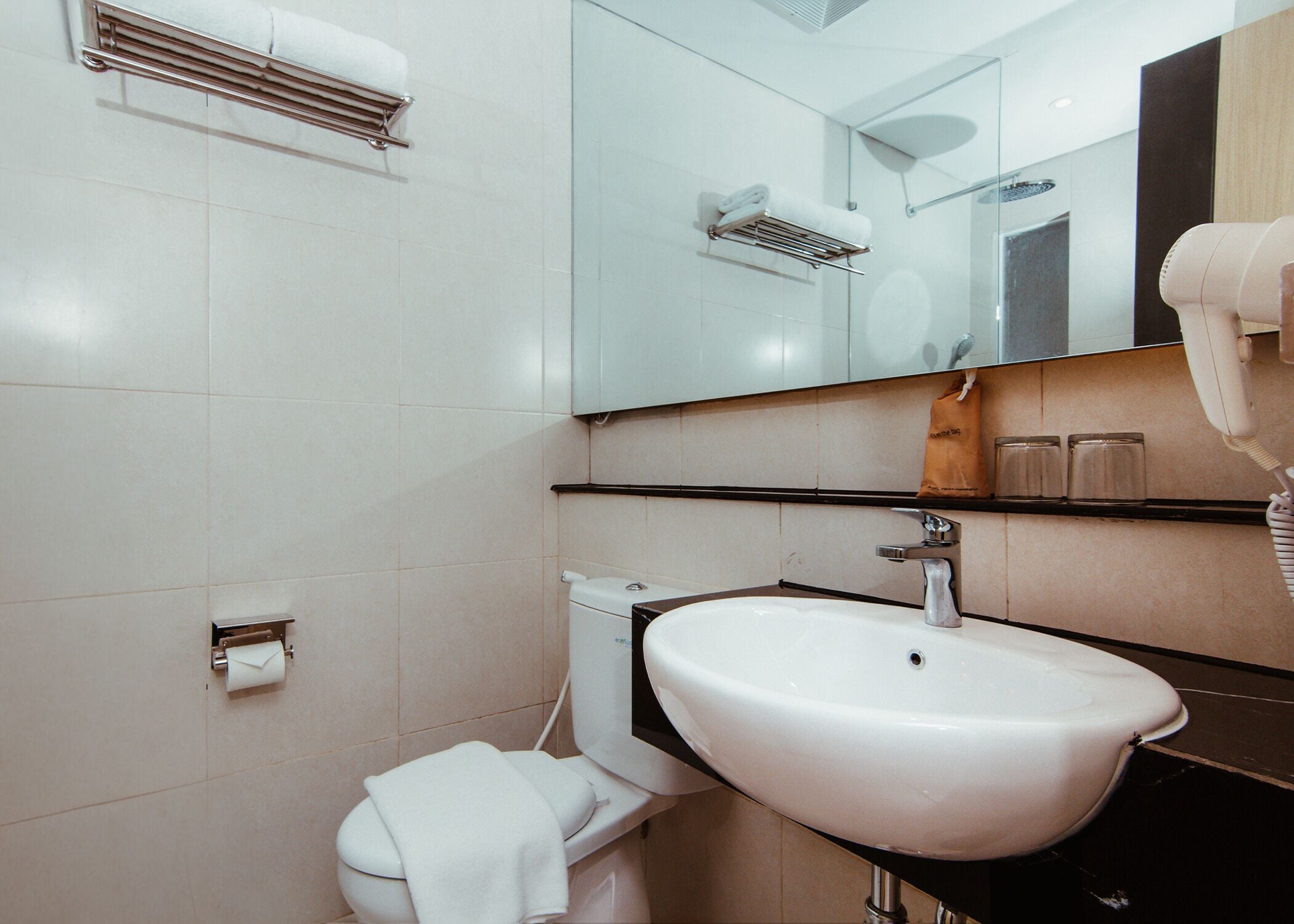 A bathroom with a white sink, a toilet, a towel rack, a mirror, and a hairdryer.