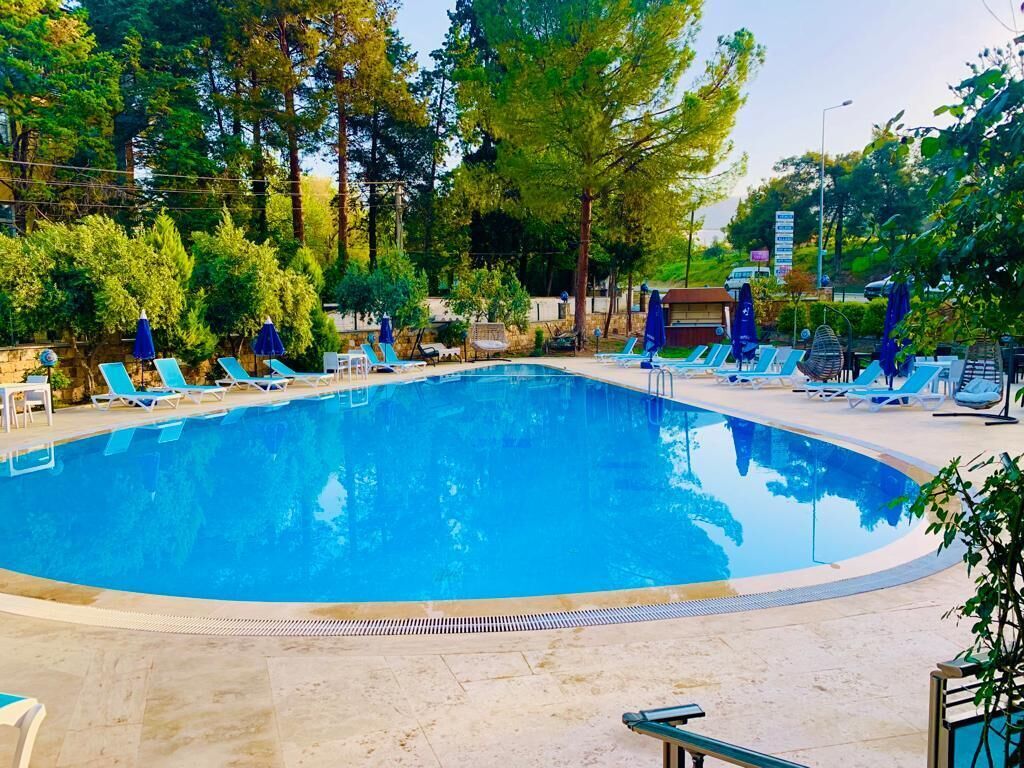 A swimming pool with lounge chairs and umbrellas, surrounded by trees.