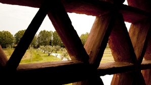 Vista a través de una estructura de madera con un área cubierta de césped y árboles al fondo.