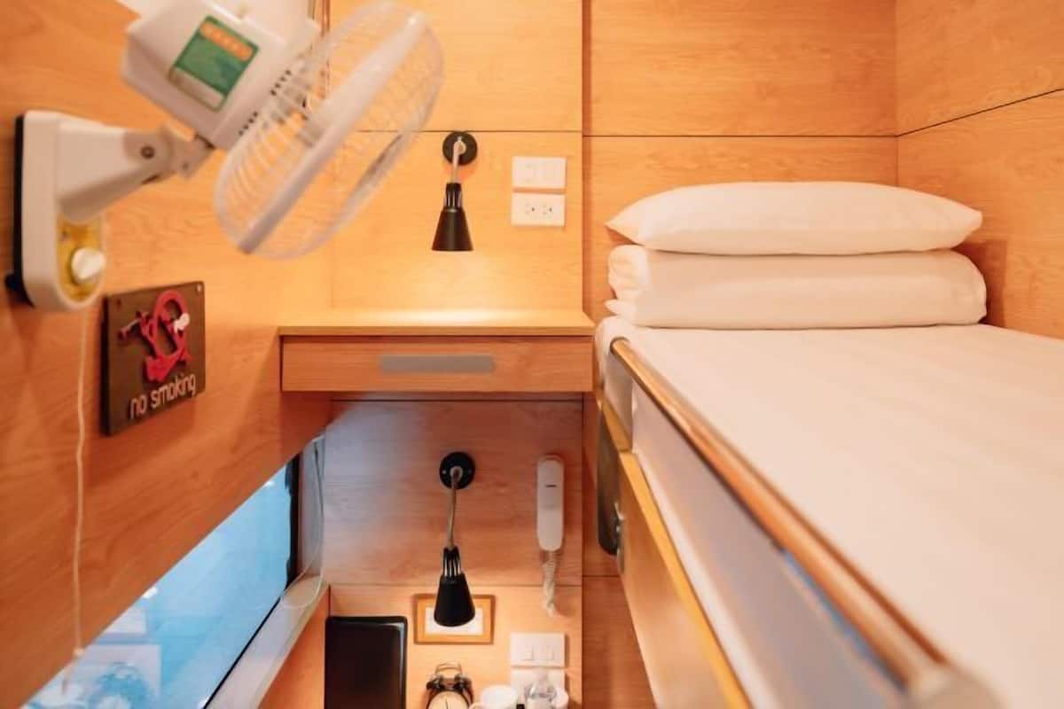 A compact room with a bed, a bedside lamp, a small table, a wall-mounted fan, and a no-smoking sign.