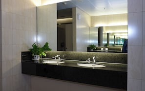 Un baño moderno con dos lavamanos, un espejo grande y una planta en maceta.