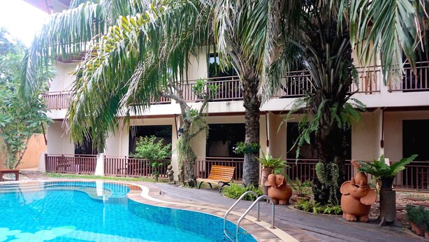 Una piscina de borde curvo, rodeada por una terraza de madera y palmeras.