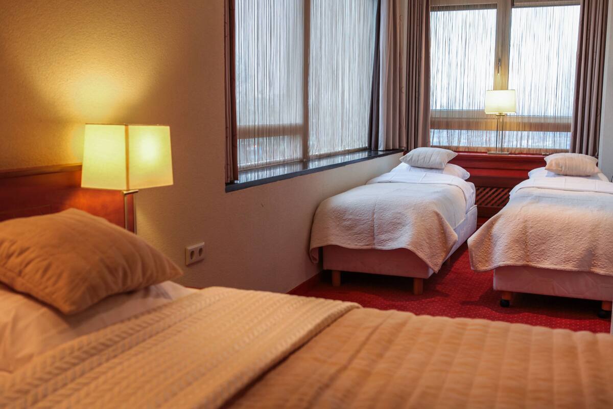 A hotel room with two single beds, a red carpet, a lamp, and a window with curtains.