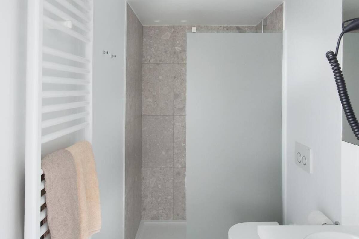 combined shower/bathtub, free toiletries, hair dryer, towels