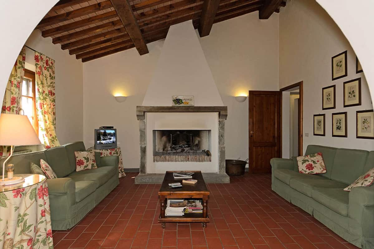 Ein Wohnzimmer mit zwei grünen Sofas, einem Holztisch, einem Kamin und einem Fernseher.