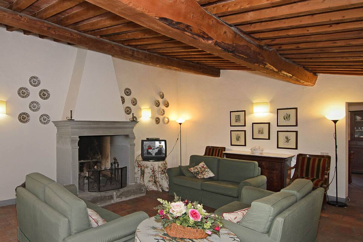 Ein gemütliches Wohnzimmer mit Kamin, grünen Sofas und einem Fernseher.