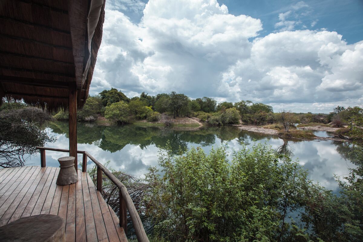 A wooden deck overlooking a calm lake with dense greenery and trees in the background.