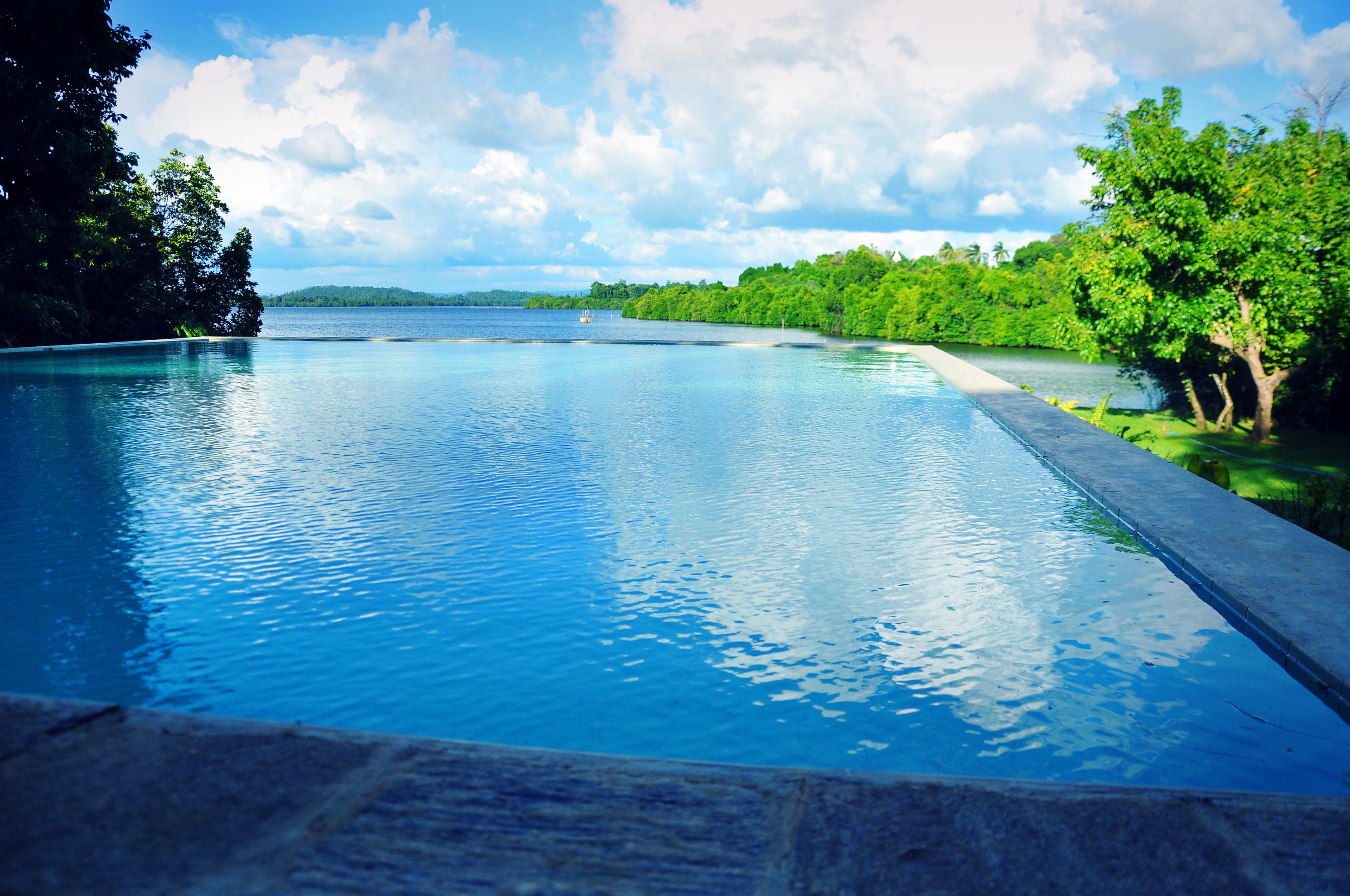 Una piscina infinita rectangular con agua azul cristalina, rodeada de abundante vegetación y vistas a una costa lejana.