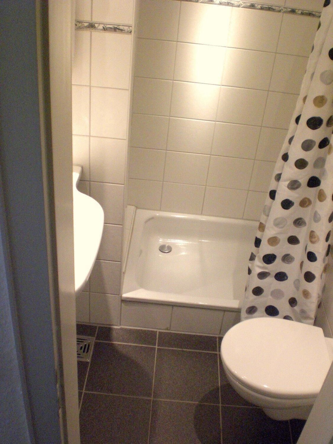 A bathroom with a toilet, a bathtub, and a shower curtain.