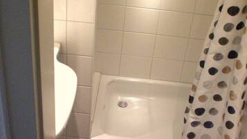 A bathroom with a toilet, a bathtub, and a shower curtain.