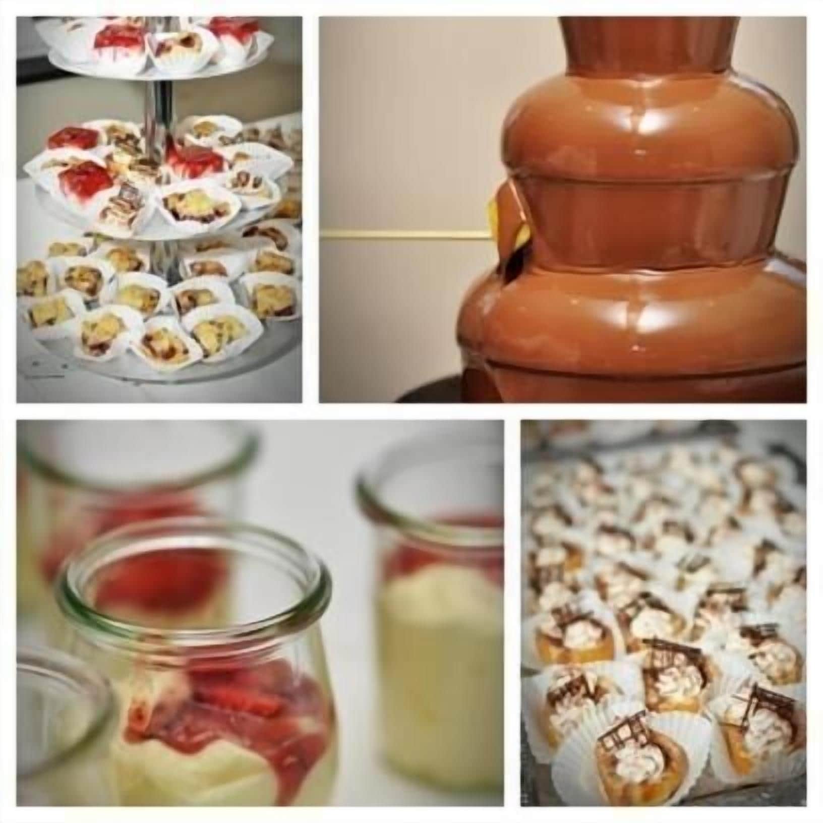 A chocolate fountain with multiple tiers, a tiered dessert display, and jars of layered desserts.