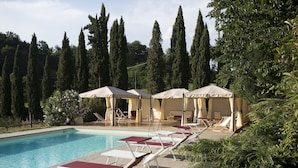 A pool area with sun loungers and umbrellas, surrounded by tall trees. - Agriturismo La Topaia (Borgo San Lorenzo)