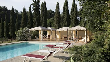 Outdoor pool, pool umbrellas, sun loungers