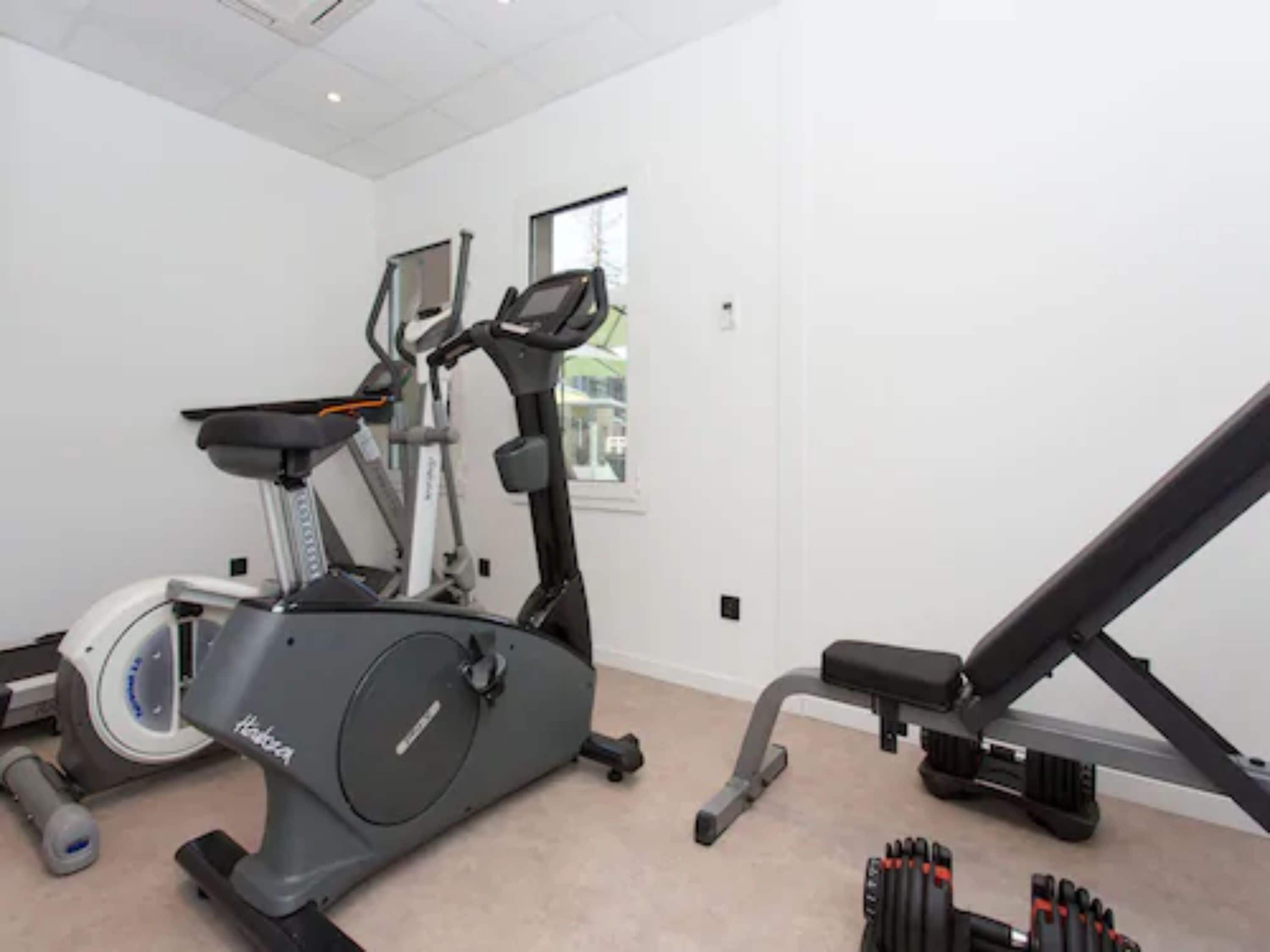 A home gym with an elliptical, a treadmill, and a bench.