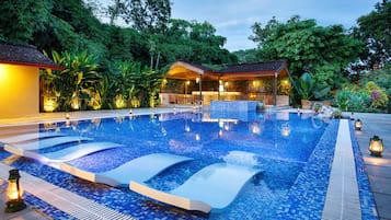 Outdoor pool, pool umbrellas, pool loungers