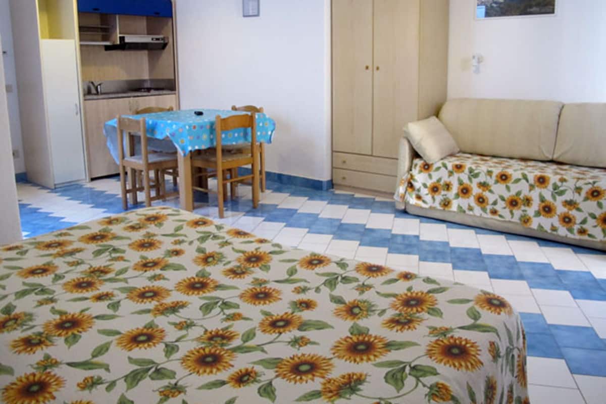 A bedroom with a bed, a sofa, a dining table with chairs, a kitchenette, and a wardrobe.