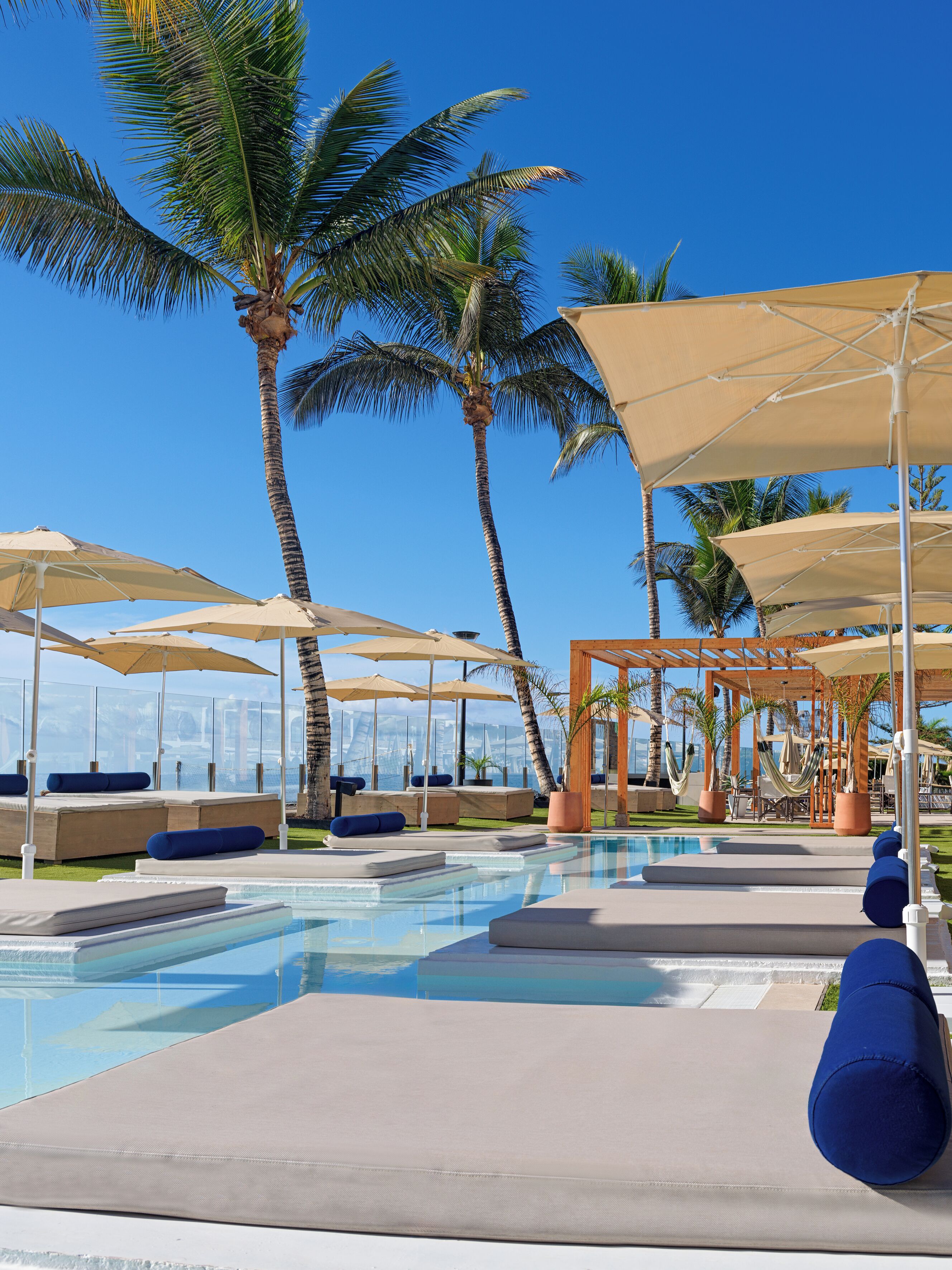 A poolside area with lounge chairs, umbrellas, and palm trees.