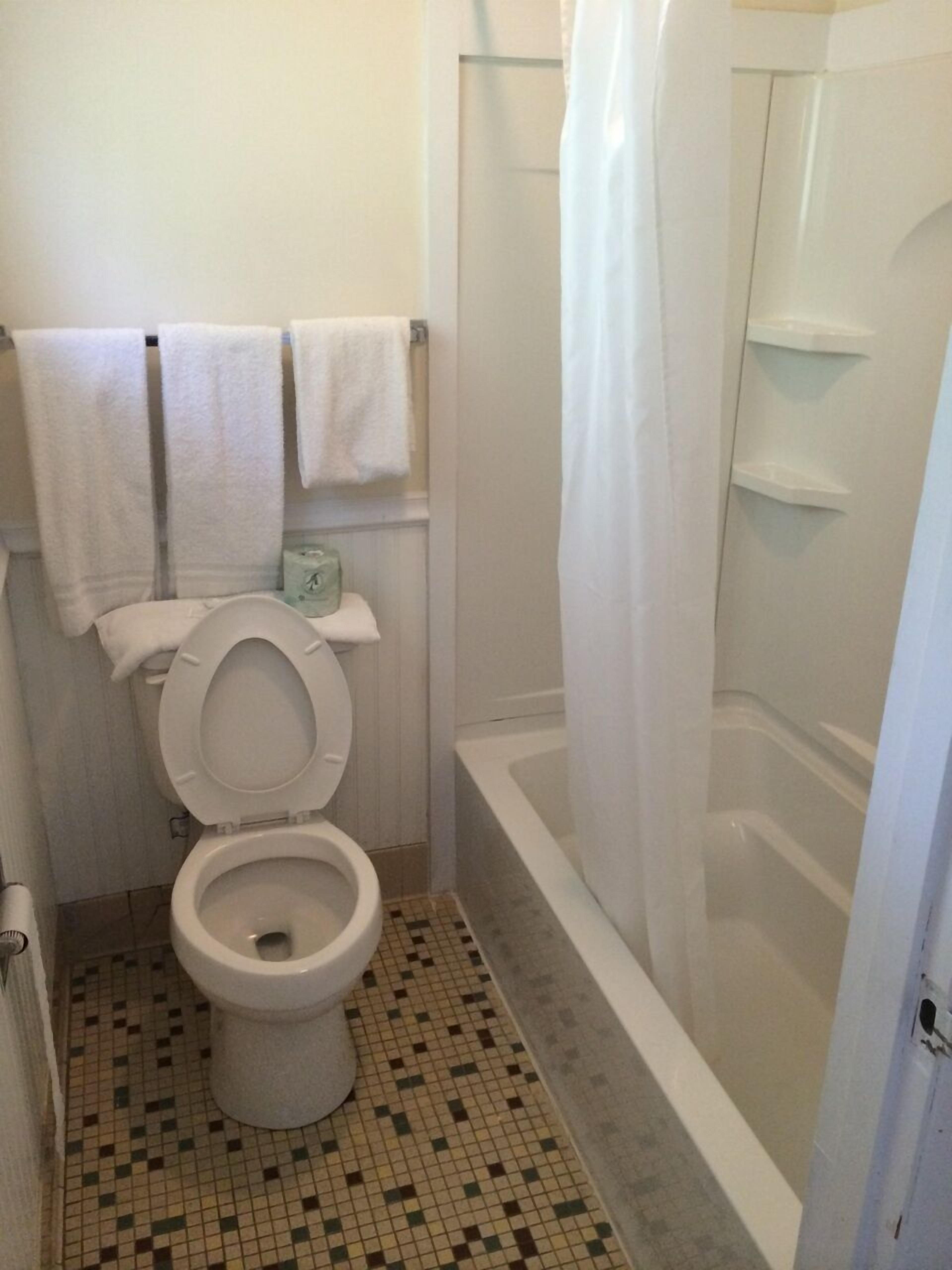 A bathroom with a toilet, a shower with a curtain, and a tiled floor.