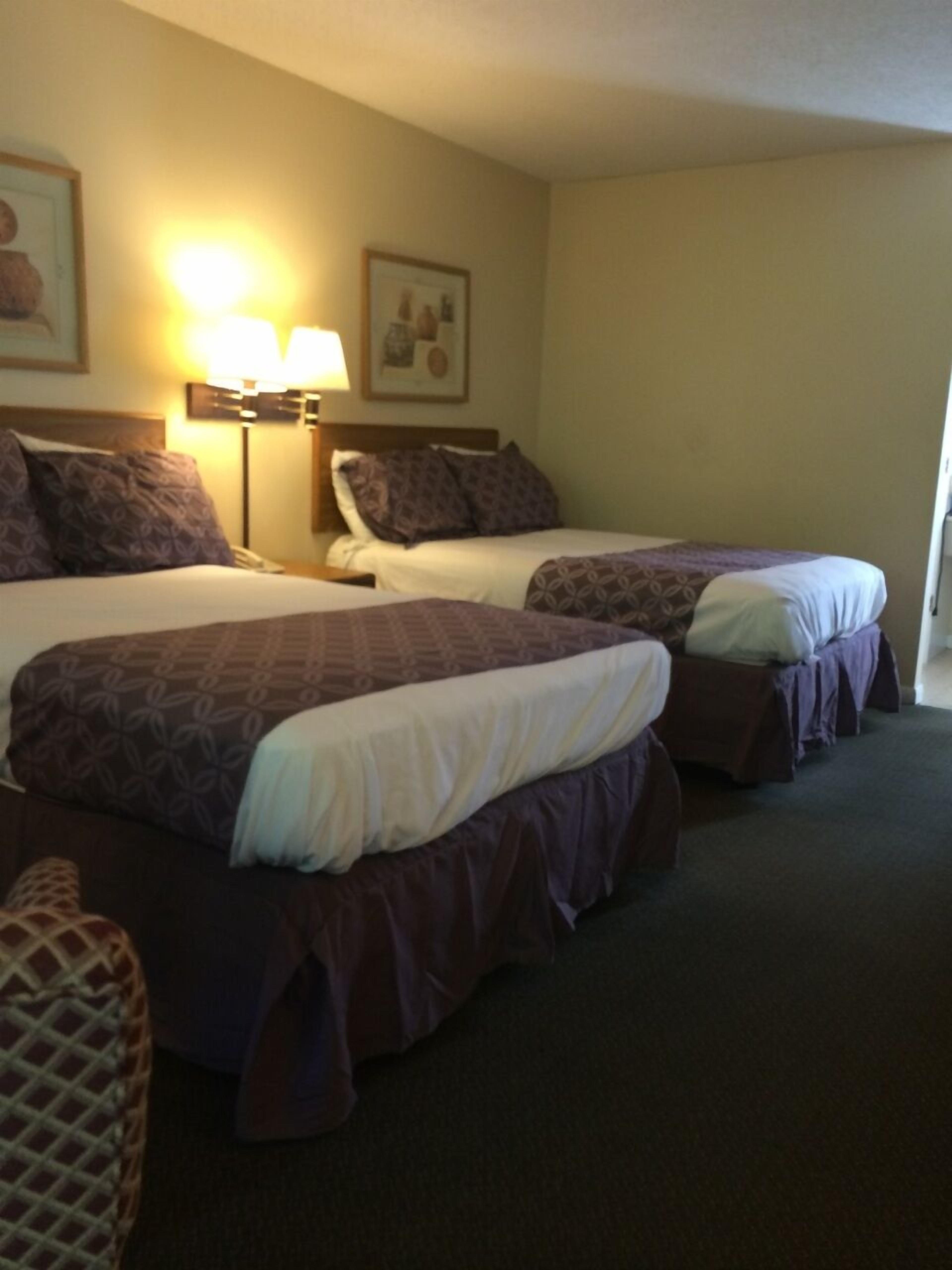 A hotel room with two beds, each with patterned bedding and a headboard. There are two bedside lamps and a framed picture on the wall.
