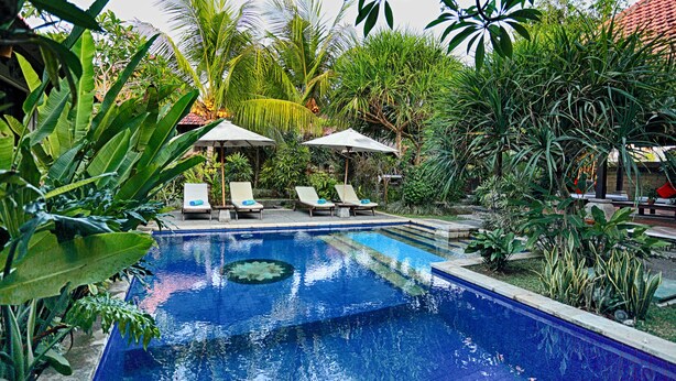 Piscina cercada por vegetação exuberante e duas espreguiçadeiras com guarda-sóis.