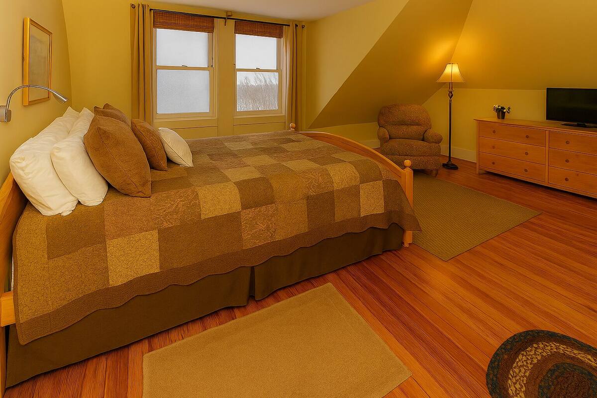 A bedroom with a large bed, a chair, a dresser, and a television.