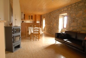 Flat-screen TV, fireplace, DVD player, pay films