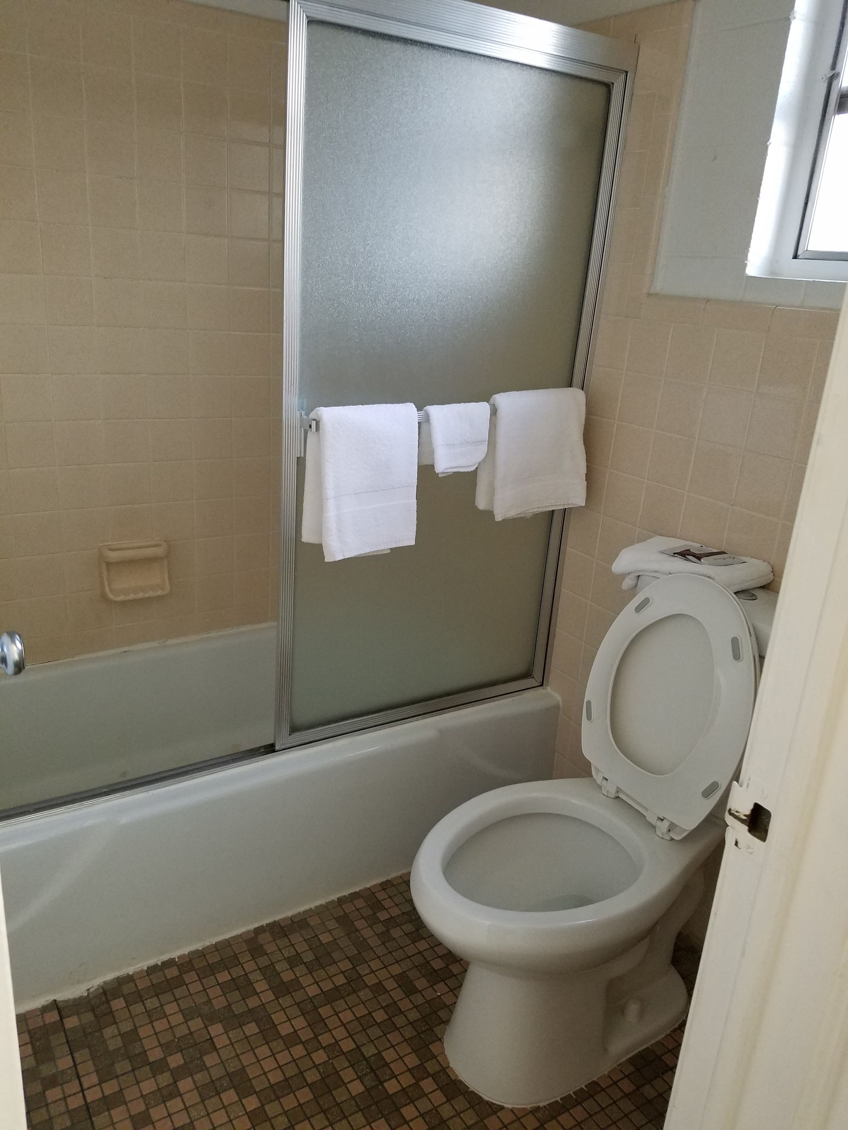Un baño con ducha, inodoro y puerta de vidrio.