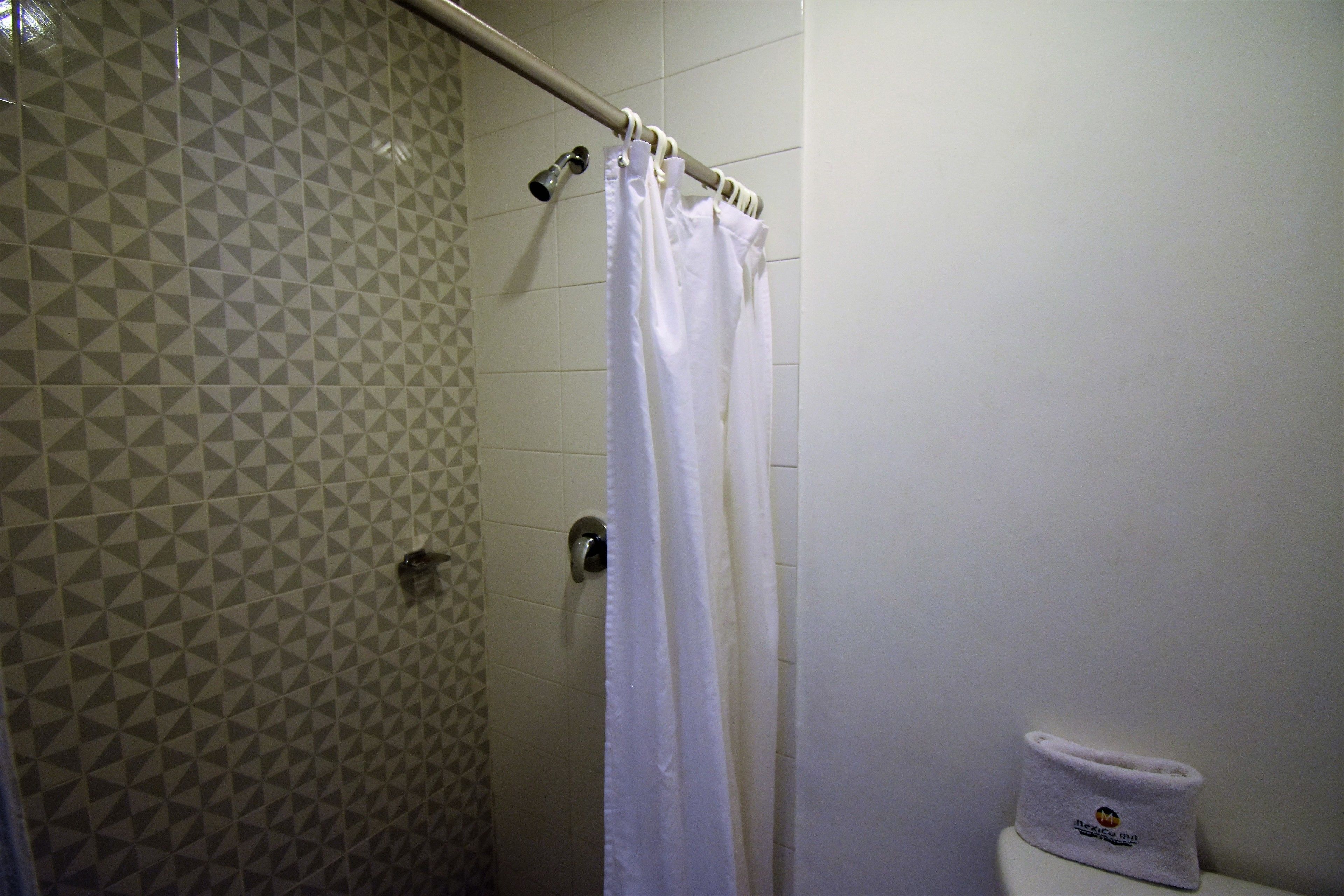 A bathroom with a shower curtain, a toilet, and a wall with a geometric tile pattern.