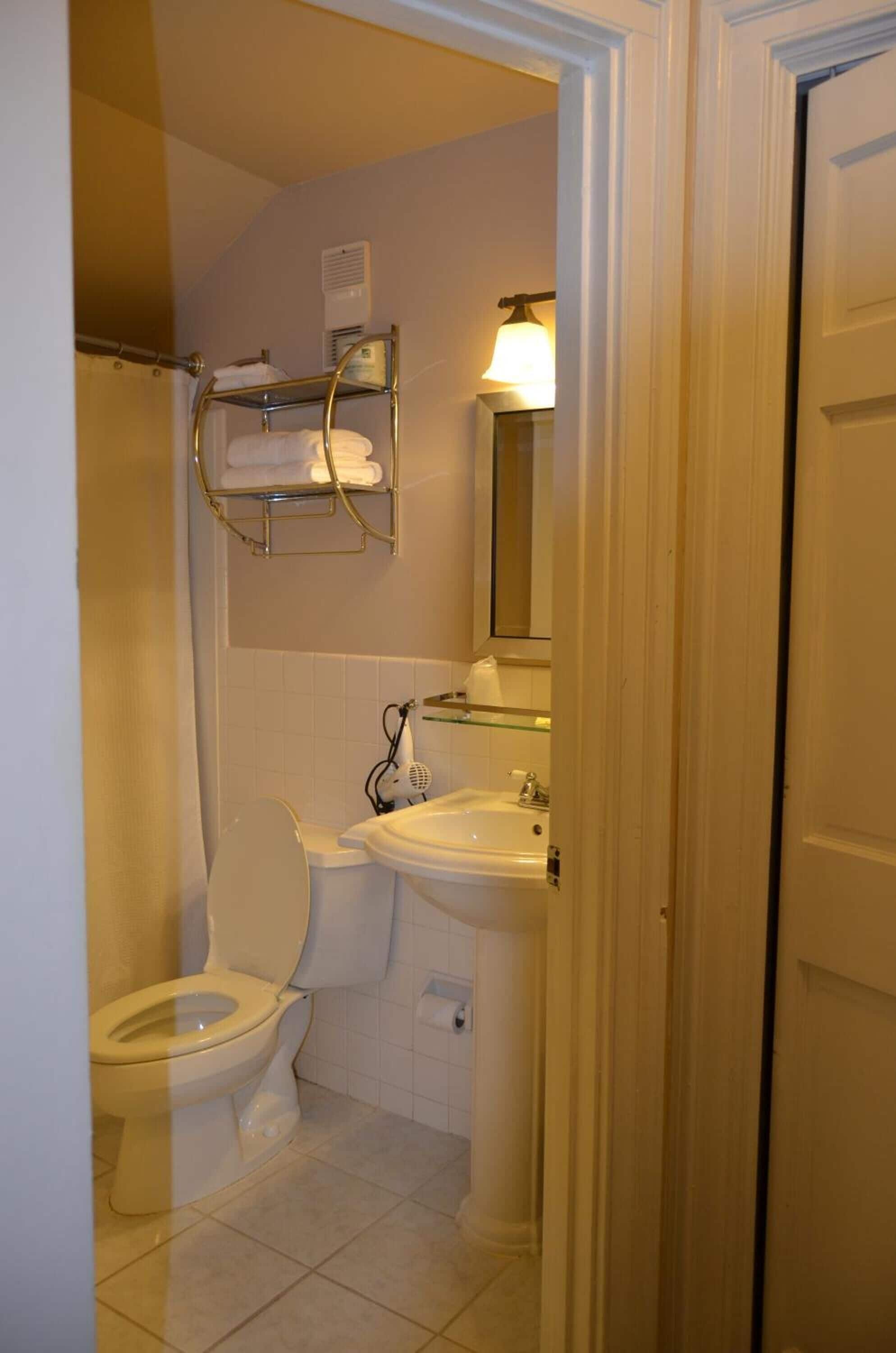 A bathroom with a toilet, sink, and towel rack.