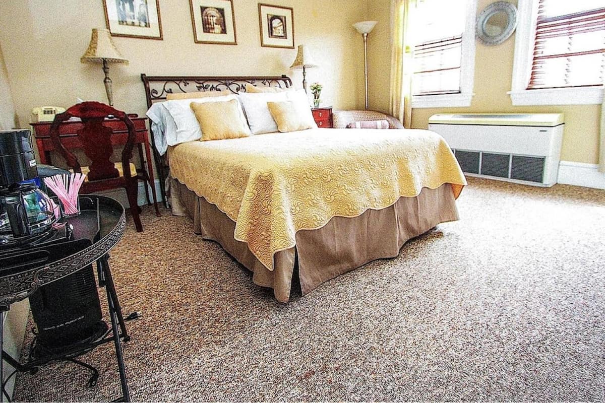 A bedroom with a bed, a desk, a chair, a lamp, and a radiator.