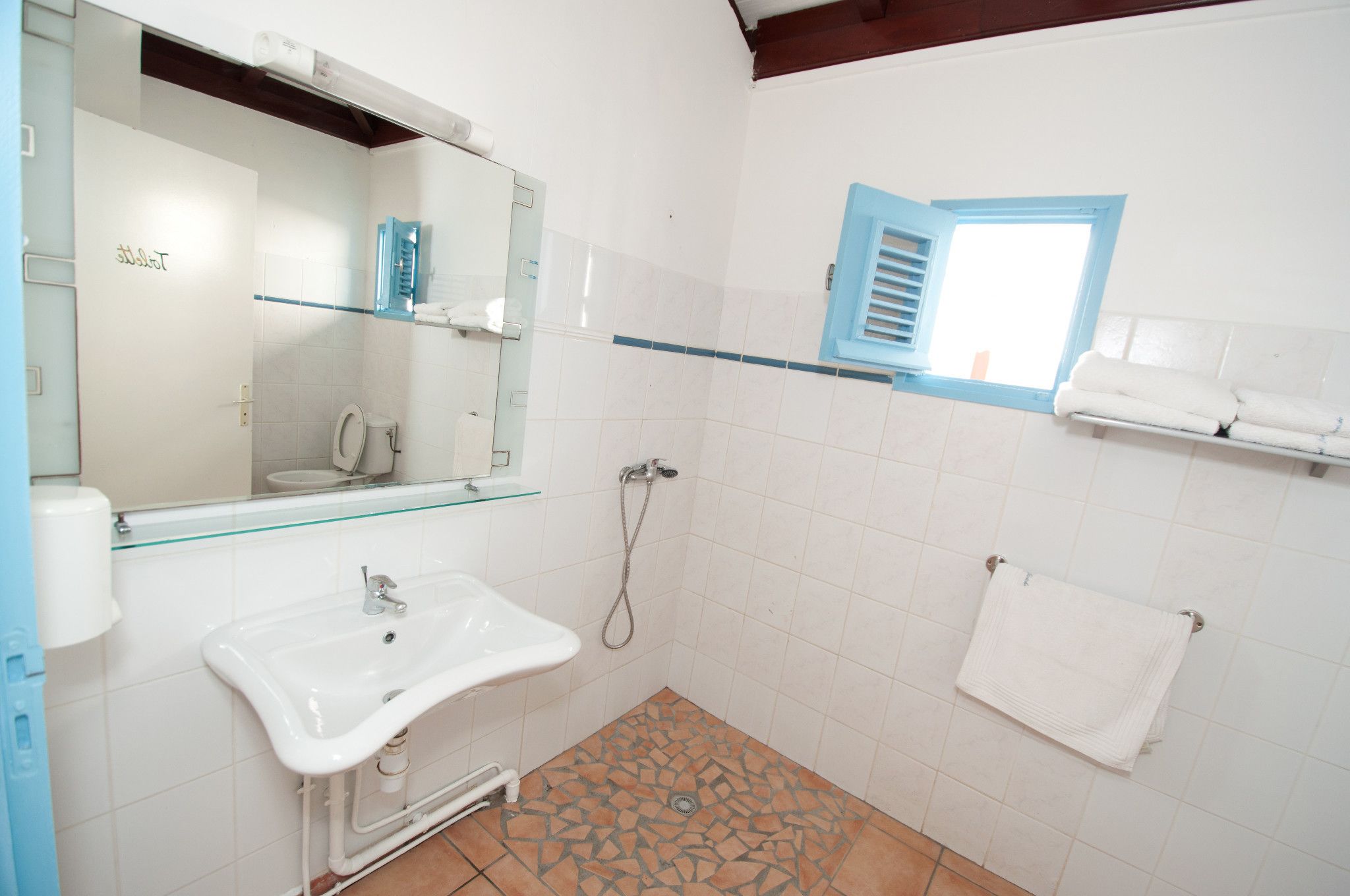 A bathroom with a glass shower enclosure, a white sink, a mirror, and a towel rack.