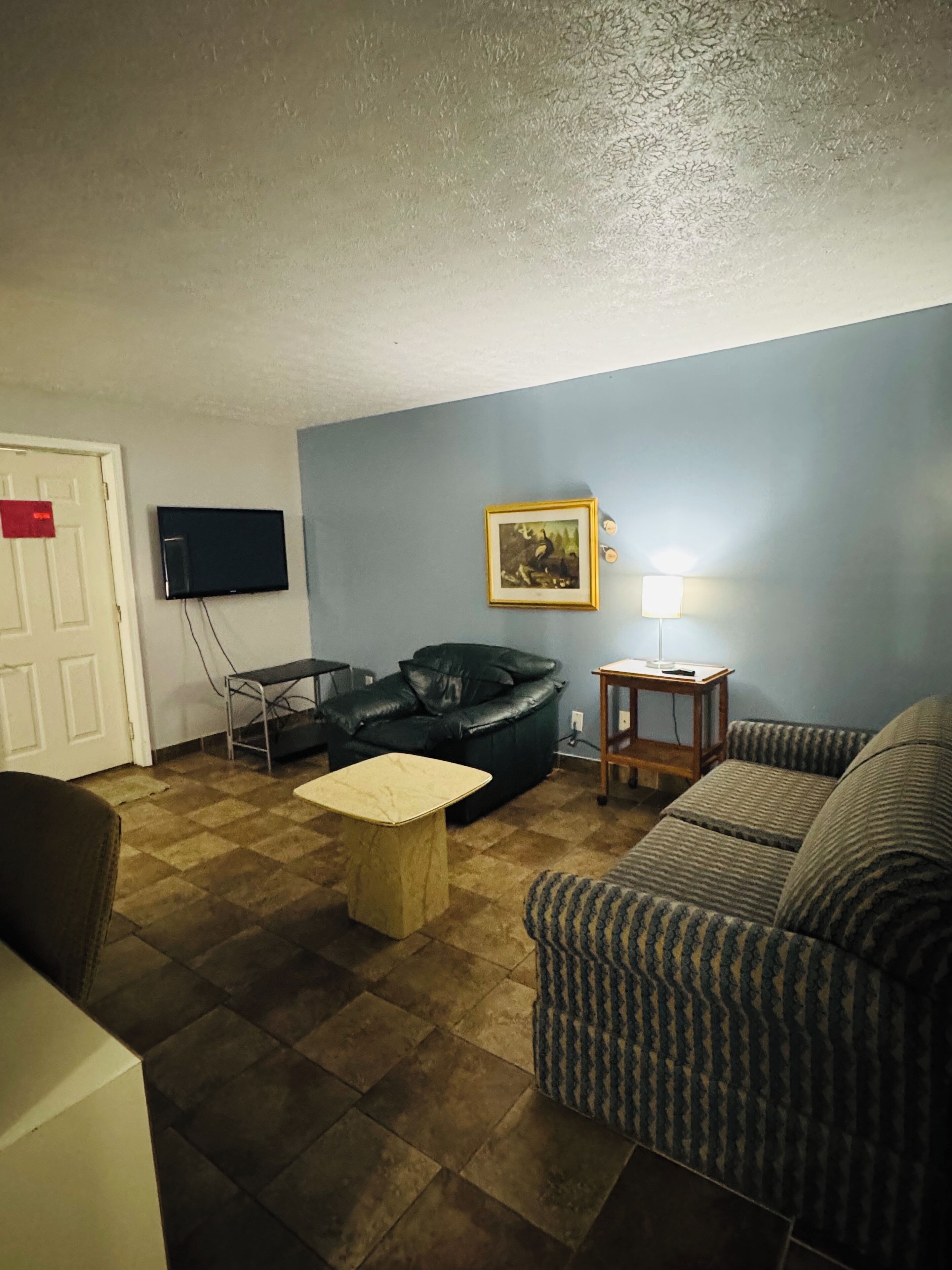 A living room with a sofa, a coffee table, a television, and a framed picture on the wall.